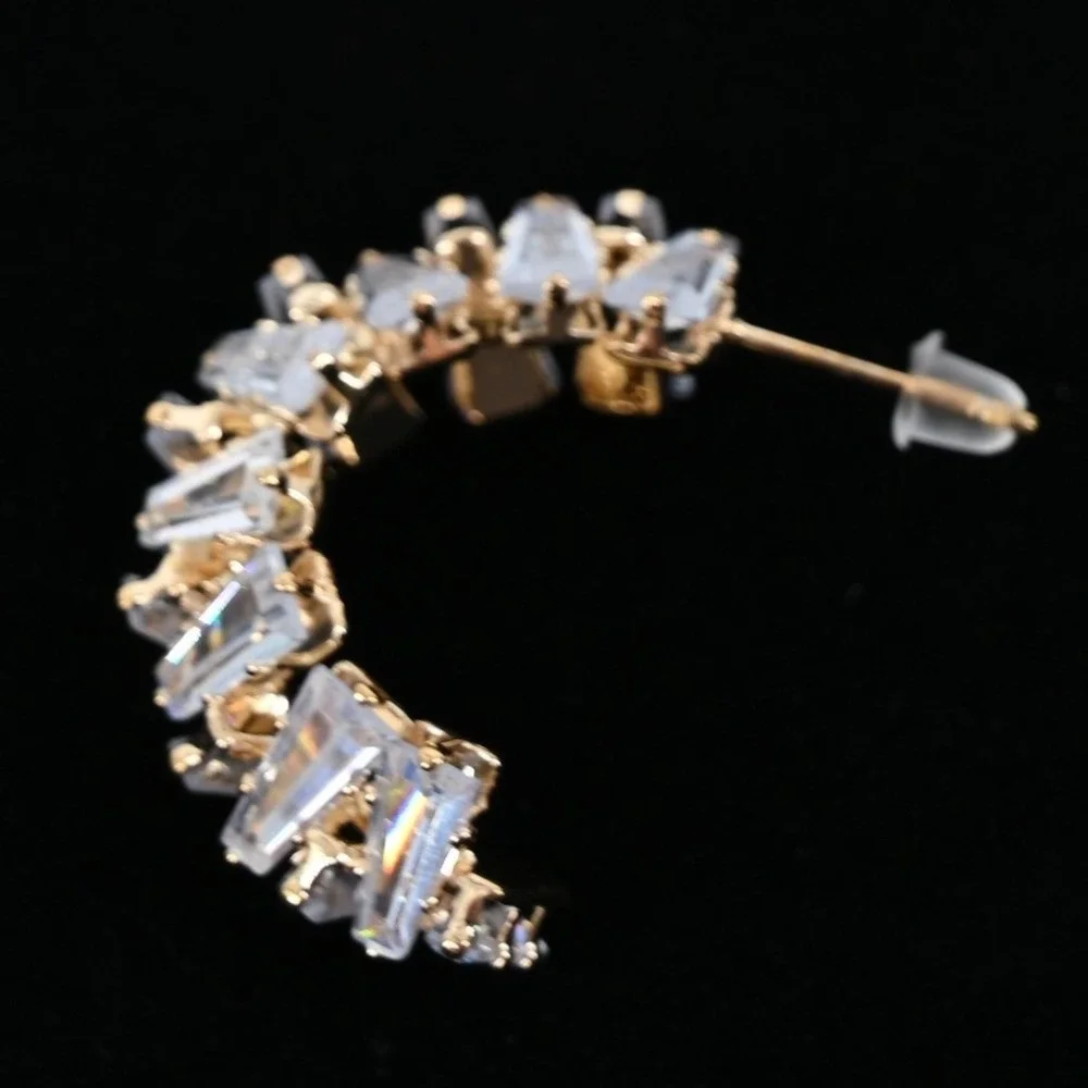Badgley Mischka Gold Tone Baguette Cubic Zirconia Mosaic J-Hoop Earrings NWT